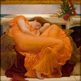 A Lángoló június (Flaming June) Lord Frederic Leighton angol festő 1895-ben készült festménye. A 120×120 cm-es vászonra festett olajfestmény Leighton leghíresebb műve. A rajta ábrázolt nőalak az ókori görög nimfákra és najádokra emlékeztet, a jobb felső sarokban lévő mérgező oleanderág az álom és halál közti vékony határvonalat jelképezi. A festmény egy lehetséges modellje Dorothy Dene színésznő, egy másik pedig Mary Lloyd, aki több preraffaelita művész modellje is volt. A mű jelenleg a Puerto Ricó-i Ponce város szépművészeti múzeumában található. (Wikiwand) Flaming June by Lord Frederic Leighton