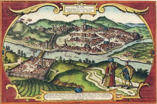 Pest és Buda 1617-es látképe egy színezett rézkarcon. Az előtérben egy török méltóságviselő látható buzogánnyal és egy magyar katona fokossal és az oldalán szablyával. Budapest in 1617