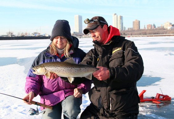 fisherman on the ice of Lake Michigan