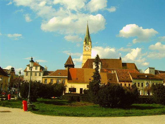 Downtown Mediaș with the Lutheran Church