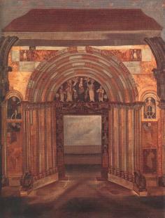 An 18th century oil painting of the western gate of the Esztergom Cathedral, built at the end of the 12th century, the so-called