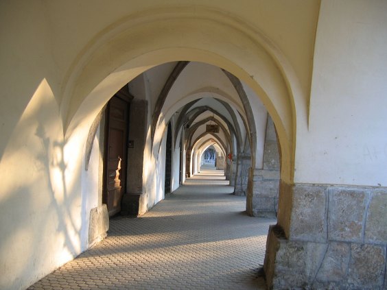 Arcades in the old main square of Bistrita