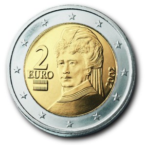 Bertha von Suttner
az osztrák 2 eurós érmén